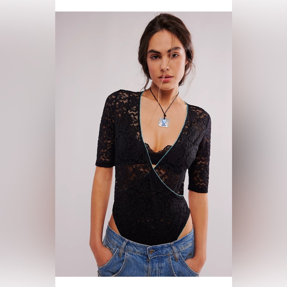 NWT Free People Sun-sational Bodysuit medium black lace $58